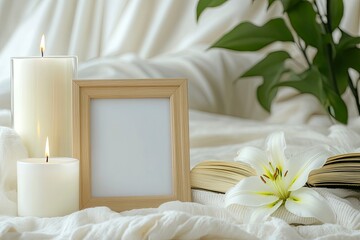 Wall Mural - Composition with photo frame, candles, opened book and lily on light background 