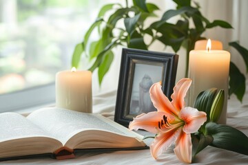 Wall Mural - Composition with photo frame, candles, opened book and lily on light background 