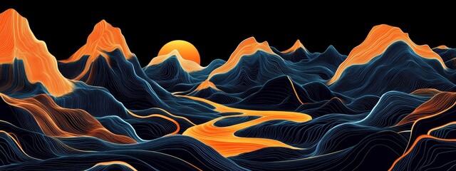 Wall Mural - abstract landscape with orange mountains and sunset.