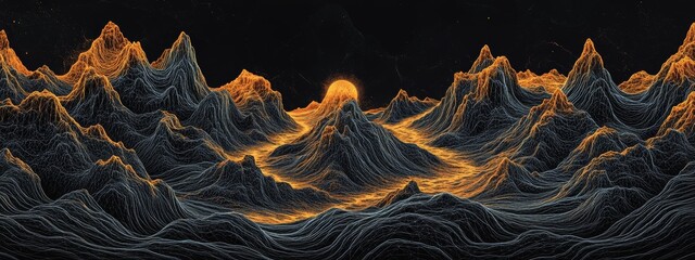 Wall Mural - abstract sunrise over glowing, dark mountains.