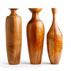 Wall Mural - Three empty vases made of light brown wood, standing on a white background, creating a stylish and minimalist scene