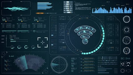 Poster - Motion graphic of Blue digital WIFI logo with head up display (HUD UI) panel and futuristic technology abstract background data transfer and Wireless Fidelity connection video concepts