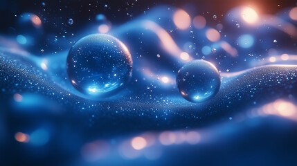 Wall Mural - a rhythmic arrangement of glowing spheres with bright highlights reflected in a deep blue space.