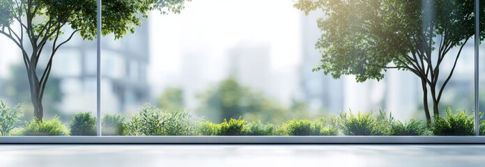 Poster - Office window view of city park with green trees.