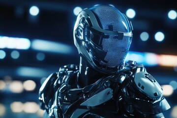 Poster - Futuristic robot standing in a vibrant urban environment at night showcasing advanced technology