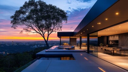 Aufkleber - Modern luxury house with infinity pool overlooking sunset city view.