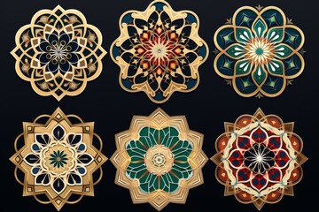 Poster - set of six richly decorated golden arabic ornaments on dark background, perfect for luxury design pr