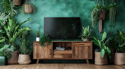 Aufkleber - Wooden cabinet with plants and potted greenery against an emerald green wall. A sleek TV is placed on the cabinet, complemented by a light wood parquet floor. This high-resolution composition highligh