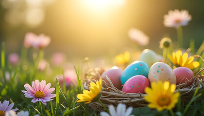 Wall Mural - Colorful Easter eggs in nest surrounded by flowers on sunny morning