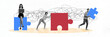 © deagreez - Composite art 3d panoramic collage of three business girls guy colleagues hold puzzle element match project development laptop