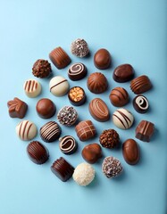 Wall Mural - An assortment of various chocolate pralines on a light blue background