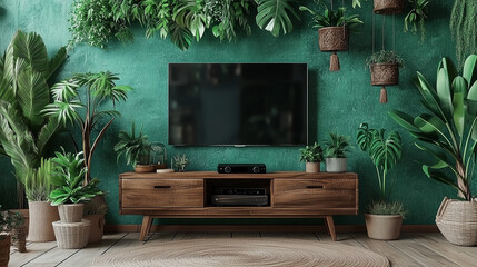 Aufkleber - Wooden cabinet with plants and potted greenery against an emerald green wall. A sleek TV is placed on the cabinet, complemented by a light wood parquet floor. This high-resolution composition highligh