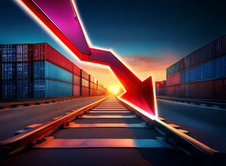 Poster - A dramatic downward arrow descends over a rail line flanked by shipping containers, symbolizing a decline in global trade and economic downturn at sunset.