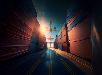 Poster - A dramatic, sunlit view down a shipping container terminal, showcasing rows of cargo containers and a large crane at work against a vibrant sunset.  The scene conveys global trade and logistics.