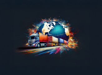 Poster - A vibrant depiction of global shipping, showcasing a semi-truck hauling colorful cargo containers against a colorful, exploding-globe backdrop.  Speed and international trade are implied.