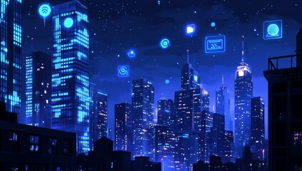 Wall Mural - Futuristic cityscape at night with glowing digital icons.