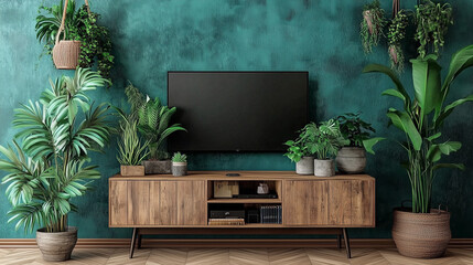 Fototapete - Wooden cabinet with plants and potted greenery against an emerald green wall. A sleek TV is placed on the cabinet, complemented by a light wood parquet floor. This high-resolution composition highligh