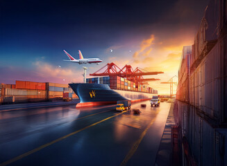 Poster - A vibrant sunset illuminates a bustling port; cargo ship, airplane, and trucks converge in a dynamic display of global trade and logistics.