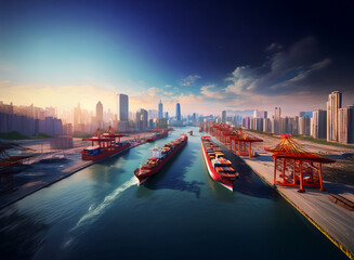 Aufkleber - A panoramic view of a bustling harbor at sunrise.  Large container ships navigate a channel flanked by towering cranes and a modern cityscape.  The scene depicts global trade and maritime activity.