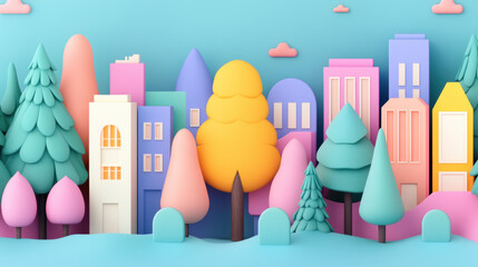 Wall Mural - Juxtaposition, A vibrant pastel cityscape featuring surreal elements, ideal for creative projects and stock imagery with high fidelity detail.