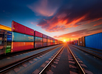 Poster - Vibrant sunset over a sprawling freight train yard. Rows of colorful shipping containers stretch towards a brilliant horizon, symbolizing global trade and logistics.