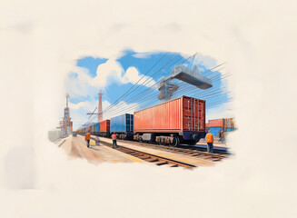 Poster - A freight train carrying cargo containers at a busy port under a partly cloudy sky.  Workers are visible near the tracks and a large crane is shown unloading a ship in the background.
