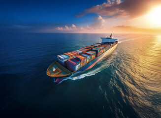 Poster - A large container ship sails across a calm ocean at sunset, leaving a wake behind it.  Golden sunlight reflects on the water's surface.