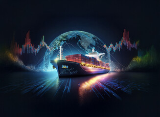 Poster - A container ship sails on a digital ocean,  illuminated by data streams and surrounded by a glowing earth and vibrant stock market graphs, symbolizing global trade and digital connectivity.