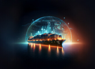 Poster - A container ship at sea, illuminated, within a glowing digital globe.  It symbolizes global trade and digital connectivity in shipping.