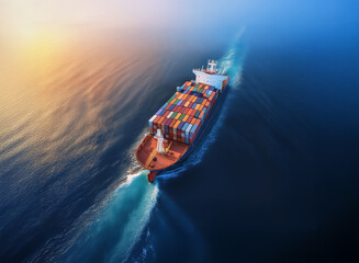 Poster - A large container ship sails across a vast ocean at sunset, leaving a wake in its path.  The vibrant colors of the sky and sea create a dramatic backdrop.