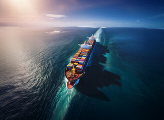 Poster - A large container ship cuts through a deep blue ocean, leaving a dramatic wake in its path. Sunlight glints off the waves, creating a stunning contrast against the ship's shadow.  The vastness of the 
