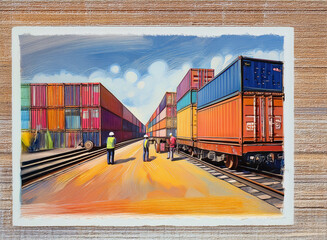Aufkleber - A vibrant painting depicts a bustling cargo port, showcasing colorful shipping containers stacked high alongside railway tracks.  Workers in safety vests oversee the scene, highlighting global trade a