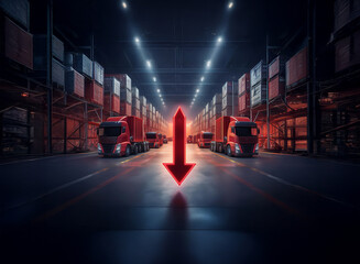 Poster - A dark warehouse scene with cargo trucks and a large red downward arrow in the center, suggesting a decline in logistics or transportation.  The arrow's reflection adds to the dramatic, ominous atmosp