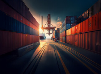 Poster - A vibrant sunset illuminates a bustling shipping port, casting long shadows across rows of cargo containers and a busy roadway.  Giant crane dominates the scene, symbolizing global trade and transport