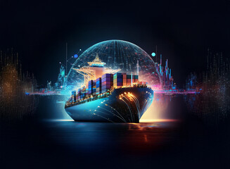 Poster - A container ship at night, illuminated, sits within a digital global network visualization.  The scene depicts modern shipping and global trade, emphasizing technology and interconnectedness.