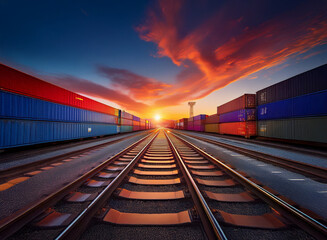 Aufkleber - Vibrant sunset over a railway leading to rows of colorful cargo containers at a bustling port.  A scene of global trade and transportation.