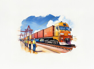 Aufkleber - Freight train with multiple cargo containers arrives at a port, workers observing.  Sunny day, harbor cranes in background.  Digital painting style.