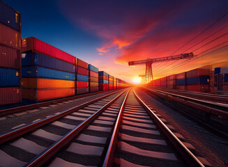 Aufkleber - Vibrant sunset over a railway transporting colorful cargo containers.  The scene evokes global trade and logistics.