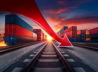 Poster - A dramatic sunset scene shows a large red arrow pointing down over railroad tracks lined with shipping containers, symbolizing a decline in global trade or economic downturn.