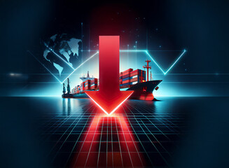Poster - A large red arrow points down, symbolizing a decline in global shipping and trade.  A cargo ship is positioned below the arrow, amidst a futuristic digital backdrop suggesting global connectivity.