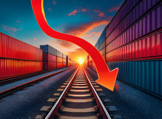 Poster - A dramatic sunset casts a shadow over a railroad track lined with cargo containers. A large red arrow points downward, symbolizing a decline in global trade and shipping.