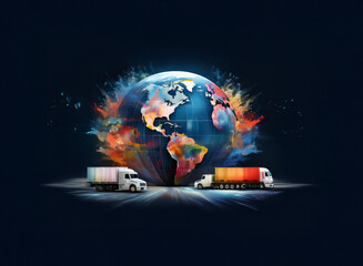 Poster - A vibrant globe explodes with color, flanked by two delivery trucks, symbolizing global logistics and vibrant international trade.  The image suggests speed, efficiency, and worldwide connectivity.