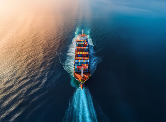 Poster - A large container ship sails across a vast ocean, its wake trailing behind.  Golden sunlight glints on the water's surface.  The scene is viewed from a high-angle perspective.
