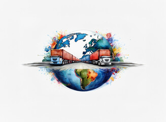 Poster - A vibrant watercolor illustration depicts a global network of transportation, with trucks carrying shipping containers converging on a colorful Earth.  The image symbolizes international trade and log