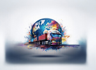 Poster - A vibrant watercolor-style illustration depicts a semi-truck hauling colorful shipping containers against a backdrop of a globe, suggesting global transportation and logistics.