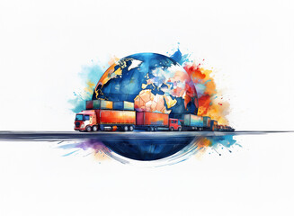 Poster - A watercolor-style illustration depicts a convoy of cargo trucks transporting colorful shipping containers around a vibrant globe, symbolizing global trade and logistics.