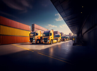 Aufkleber - Several yellow semi-trucks are parked in a row at a shipping yard, lined up next to colorful cargo containers under a partly cloudy sunset sky.  The scene is viewed from a slightly low angle.