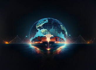Poster - A container ship sails before a glowing digital globe, symbolizing global trade and interconnectedness.  Data streams visualize worldwide shipping networks and economic flows.