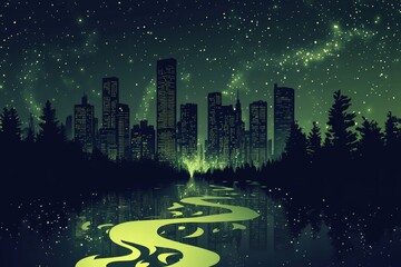 Wall Mural - green city skyline at night reflected in a river, surrounded by forest under a starry sky.