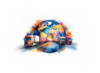 Poster - A watercolor painting depicts a global transportation network.  Several semi-trucks carrying cargo travel on a road encircling a vibrant Earth.  The image symbolizes international trade and logistics.
